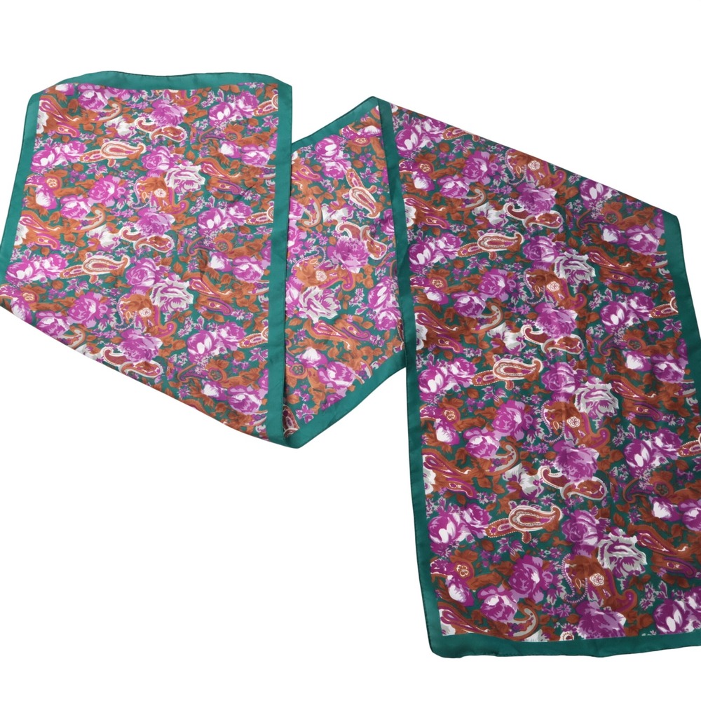 VTG Green Purple‎ Paisley Floral Rectangle Scarf Boho Retro Colorful 53"